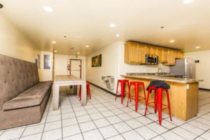 Large kitchen and dining area